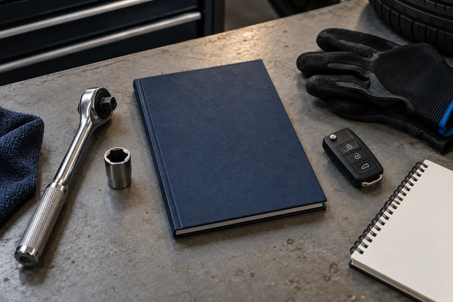 Manual, luvas e chaves sobre uma mesa de trabalho