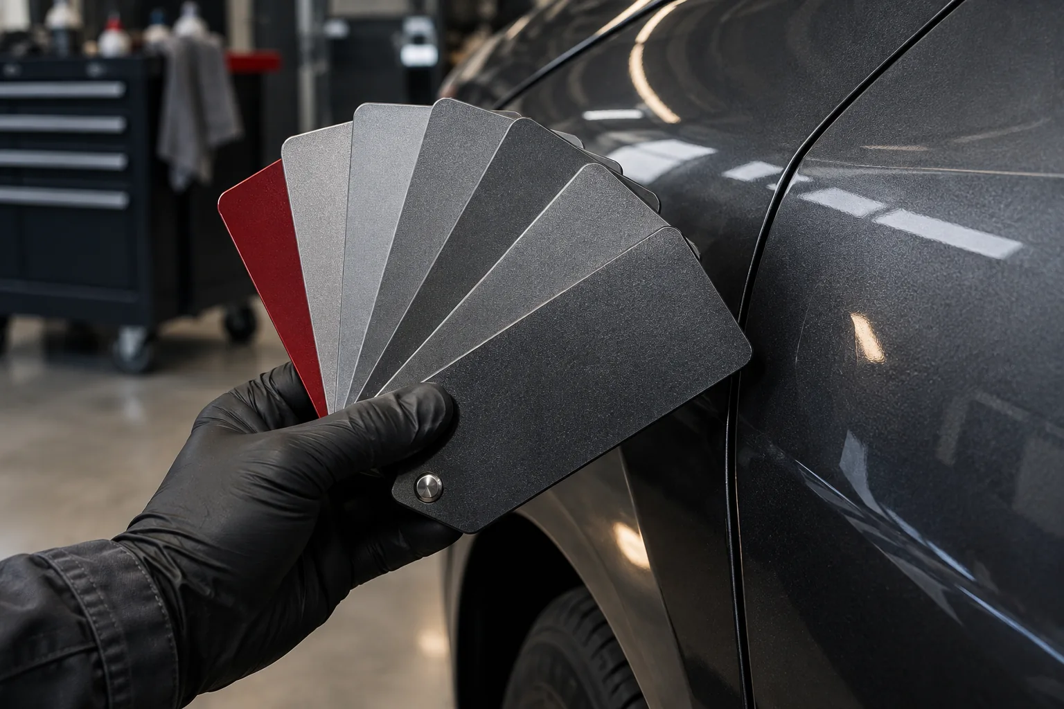 Leque de cores junto à carroceria de um carro cinza